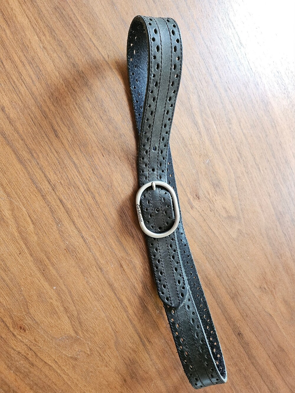 Men's Carhartt Charcoal Grey Perforated Leather Belt with Silver Buckle L